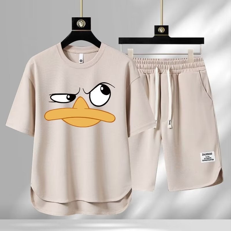 Euro-American Trendy Duck Print Mens Casual Summer Outfit Brown - Image 2