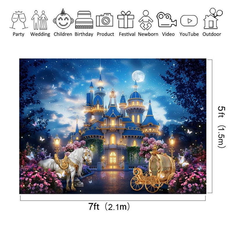 Riyidecor Princess Castle Backdrop Polyester Fabric Garden Floral Starry Night Horse Carriage 7Wx5H Feet Fairy Tale Wonderland Photography Background Bridal Shower Wedding Birthday Photo Studio Shoot - Image 2