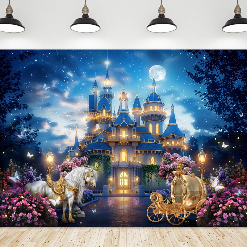 Riyidecor Princess Castle Backdrop Polyester Fabric Garden Floral Starry Night Horse Carriage 7Wx5H Feet Fairy Tale Wonderland Photography Background Bridal Shower Wedding Birthday Photo Studio Shoot - Image 1