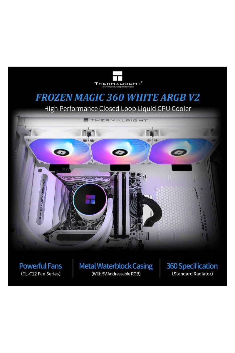 ثيرمالرايت مبرد وحدة المعالجة المركزية Thermalright Frozen Magic 360 White ARGB V2 Aio، مروحتان عاليتا الأداء PWM بسرعة 1600 دورة في الدقيقة، متوافق مع Intel LGA1150/1151//1200/2011/ 1700 وAMD: AM4/AM5، مبرد كمبيوتر Aio، صف تبريد سائل 360 - Image 2