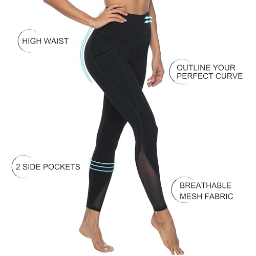 AFITNE Yoga Pants for Women High Waisted Mesh Leggings Tummy Control Athletic Workout Leggings with Pockets Gym Black - M - Image 4