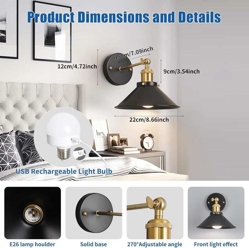 Bailoch Black & Gold Vintage Rechargeable Battery Operated Wall Sconces, Cordless Battery Powered Led Wall Lights Set of 2, Wall Lamp Fixture Indoor with Remote Control for Bedroom Farmhouse Gallery - Image 2