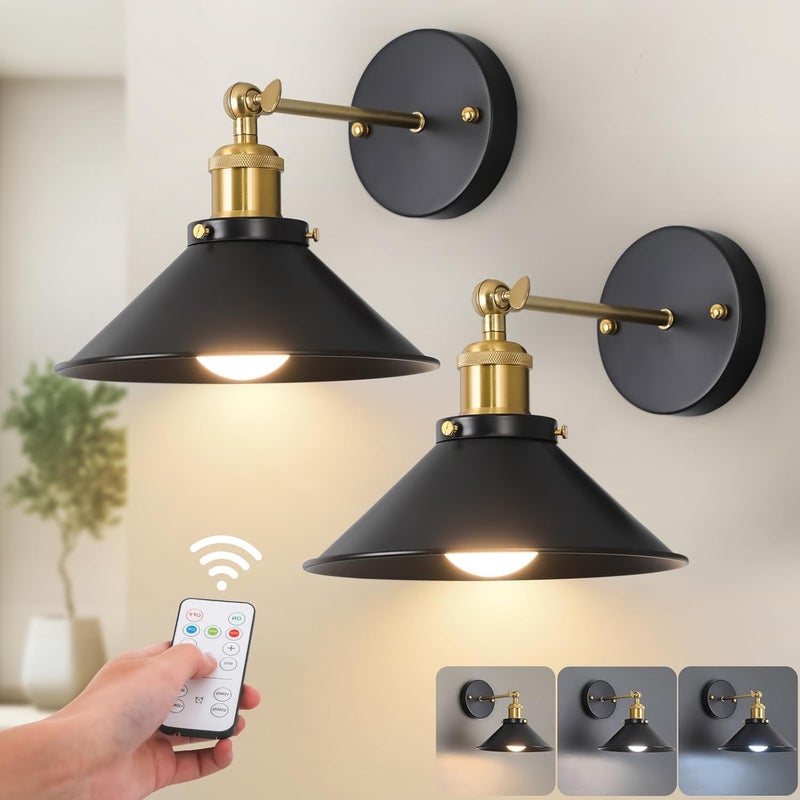 Bailoch Black & Gold Vintage Rechargeable Battery Operated Wall Sconces, Cordless Battery Powered Led Wall Lights Set of 2, Wall Lamp Fixture Indoor with Remote Control for Bedroom Farmhouse Gallery - Image 1