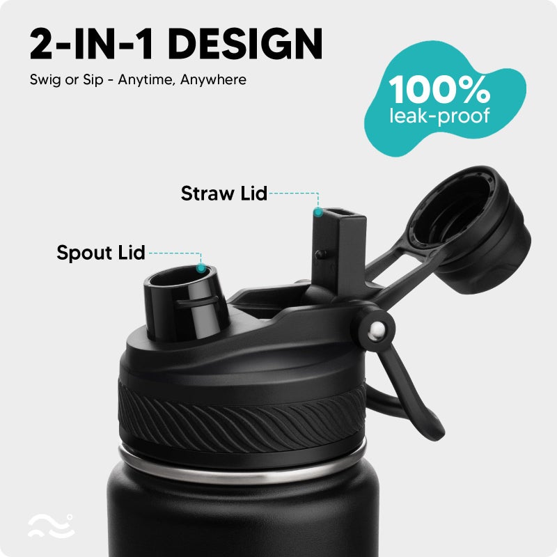 Swigina [2-IN-1 LID] Insulated Water Bottle with Silicone Boot (36hrs Cold/18hrs Hot) - DIY Stickers, Leakproof, BPA Free, Black, 24 oz - Image 2