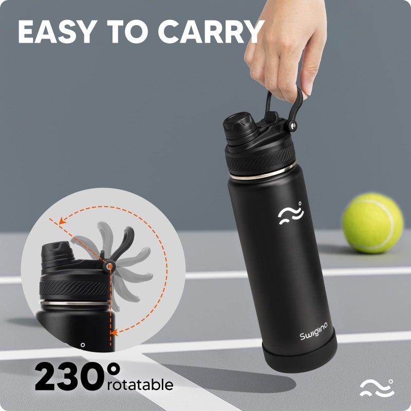 Swigina [2-IN-1 LID] Insulated Water Bottle with Silicone Boot (36hrs Cold/18hrs Hot) - DIY Stickers, Leakproof, BPA Free, Black, 24 oz - Image 5
