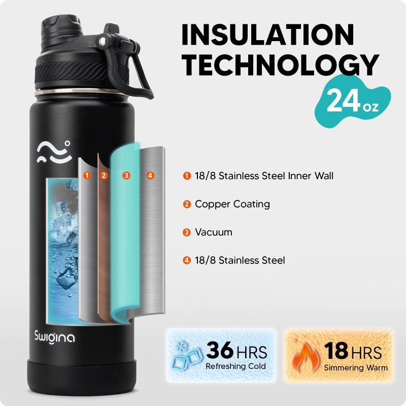 Swigina [2-IN-1 LID] Insulated Water Bottle with Silicone Boot (36hrs Cold/18hrs Hot) - DIY Stickers, Leakproof, BPA Free, Black, 24 oz - Image 3