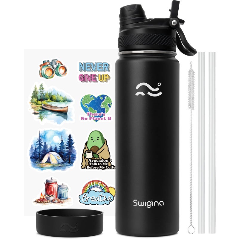 Swigina [2-IN-1 LID] Insulated Water Bottle with Silicone Boot (36hrs Cold/18hrs Hot) - DIY Stickers, Leakproof, BPA Free, Black, 24 oz - Image 1