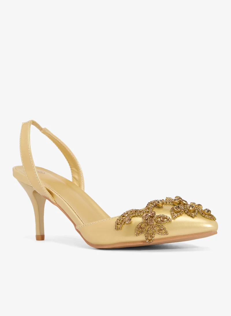 Ella Limited Edition Gold Rhinestone Embellished Detail Kitten Heel Pumps