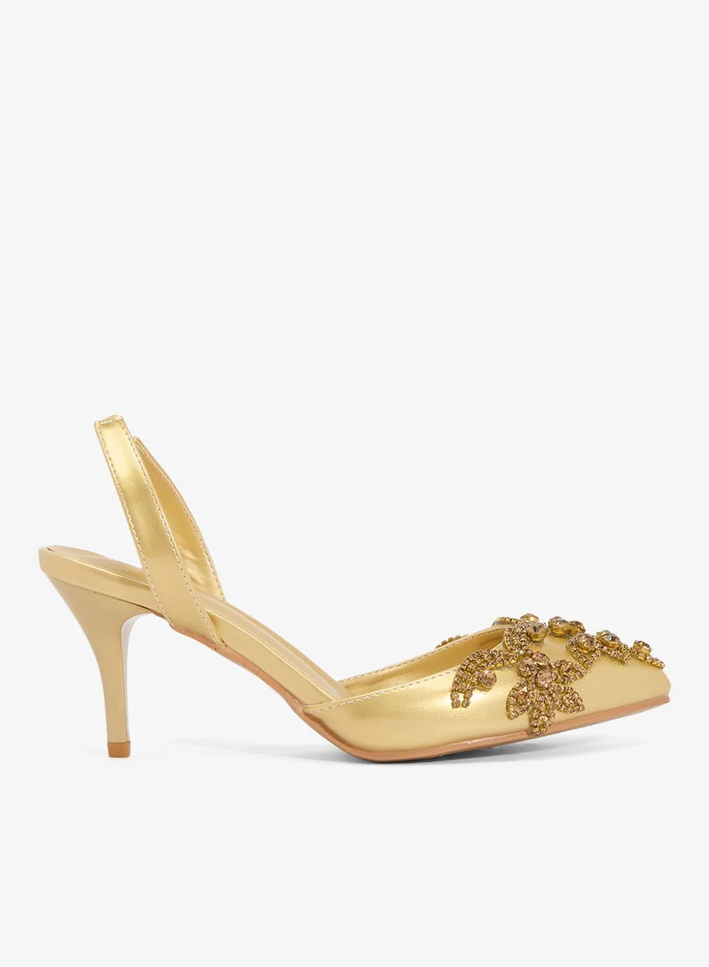 Ella Limited Edition Gold Rhinestone Embellished Detail Kitten Heel Pumps