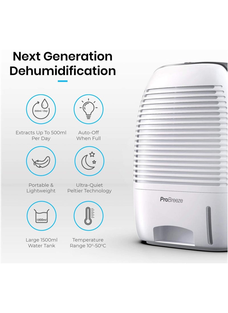 Pro Breeze 1500ml Premium Dehumidifier For Damp, Mould, Moisture In Home, Kitchen, Bedroom, Caravan, Office, Garage  - Image 2