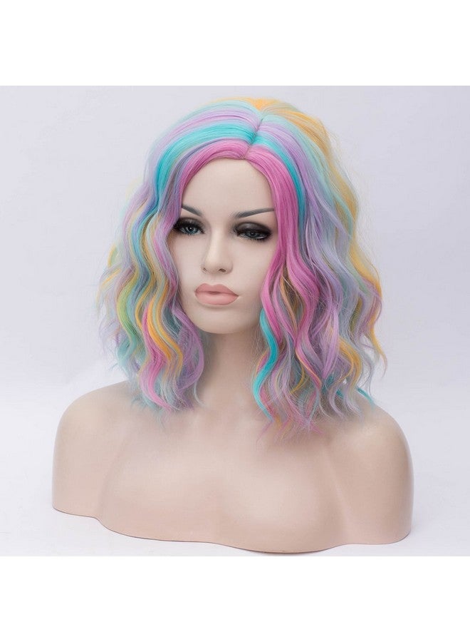 Cying Lin Short Bob Wavy Curly Wig Rainbow-colored Wig For Women Cosplay Halloween Wigs Heat Resistant Bob Party Wig Include Wig Cap (Rainbow-colored) - Image 3