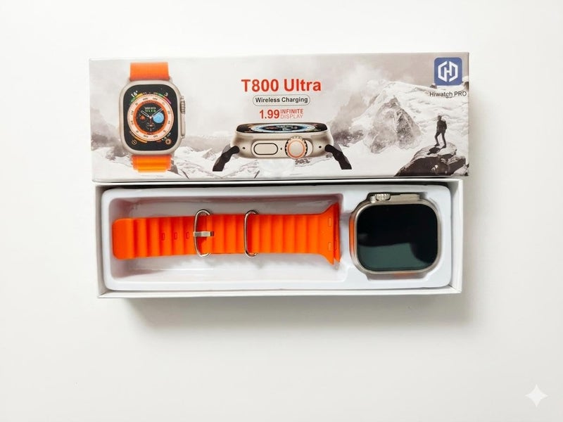 T800 Ultra Smart Watch – 1.99 Inch Screen, Wireless Charging, Fitness & Sleep Tracker, Silicone Band, Compatible with All Devices (Orange) - Image 2