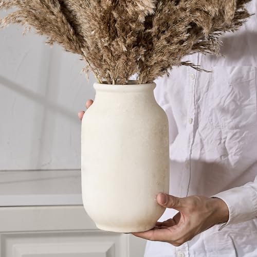 SIDUCAL Rustic Farmhouse Flower Vase | 9.5 Inch Large Ceramic Vase | Pampas Grass | Modern Farmhouse for Home Decor, Table, Living Room Decoration, Shelf Decor, Mantel, White - Image 3