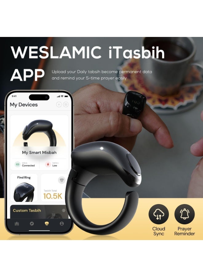 خاتم ذكي لعدّ التسبيح قابل للتعديل بخمس مقاسات (16/18/20/22/24 مم)، يدعم التطبيق مع عدّاد رقمي وتذكير بالصلاة، خاتم عدّاد للأصابع مقاوم للماء بأربع خانات رقمية - Image 4