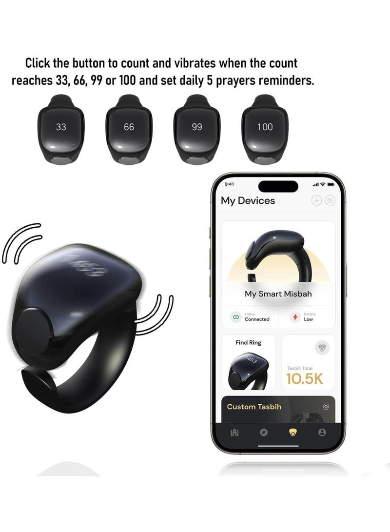 خاتم ذكي لعدّ التسبيح قابل للتعديل بخمس مقاسات (16/18/20/22/24 مم)، يدعم التطبيق مع عدّاد رقمي وتذكير بالصلاة، خاتم عدّاد للأصابع مقاوم للماء بأربع خانات رقمية - Image 3