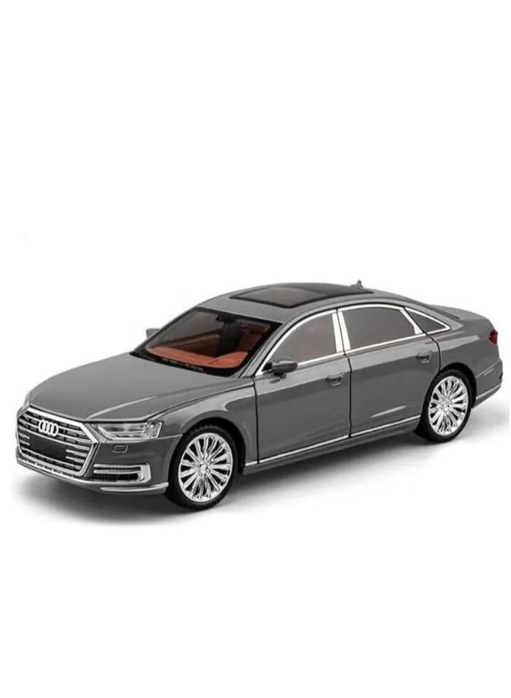 1:24 Scale Diecast Audi A8 Model Car Toy, Zinc Alloy Pull Back Toy Car with Sound and Light for Kids and Adults (Grey) - Image 1