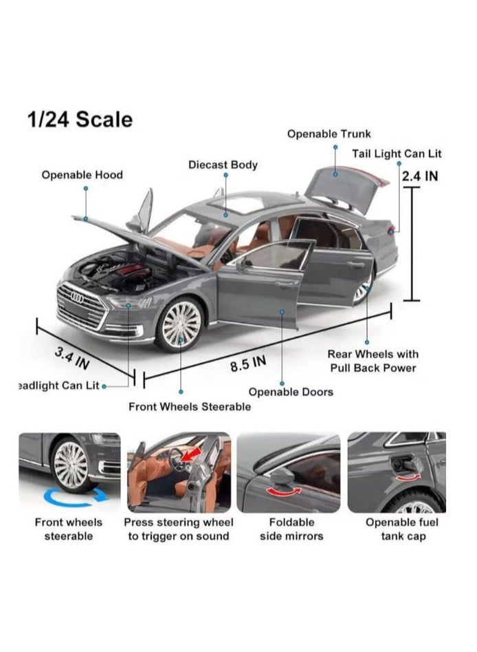 1:24 Scale Diecast Audi A8 Model Car Toy, Zinc Alloy Pull Back Toy Car with Sound and Light for Kids and Adults (Grey) - Image 2
