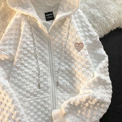 Korean Autumn Hoodie White Print Loose Long Sleeve Womens Cardigan 212-Black  - Image 3