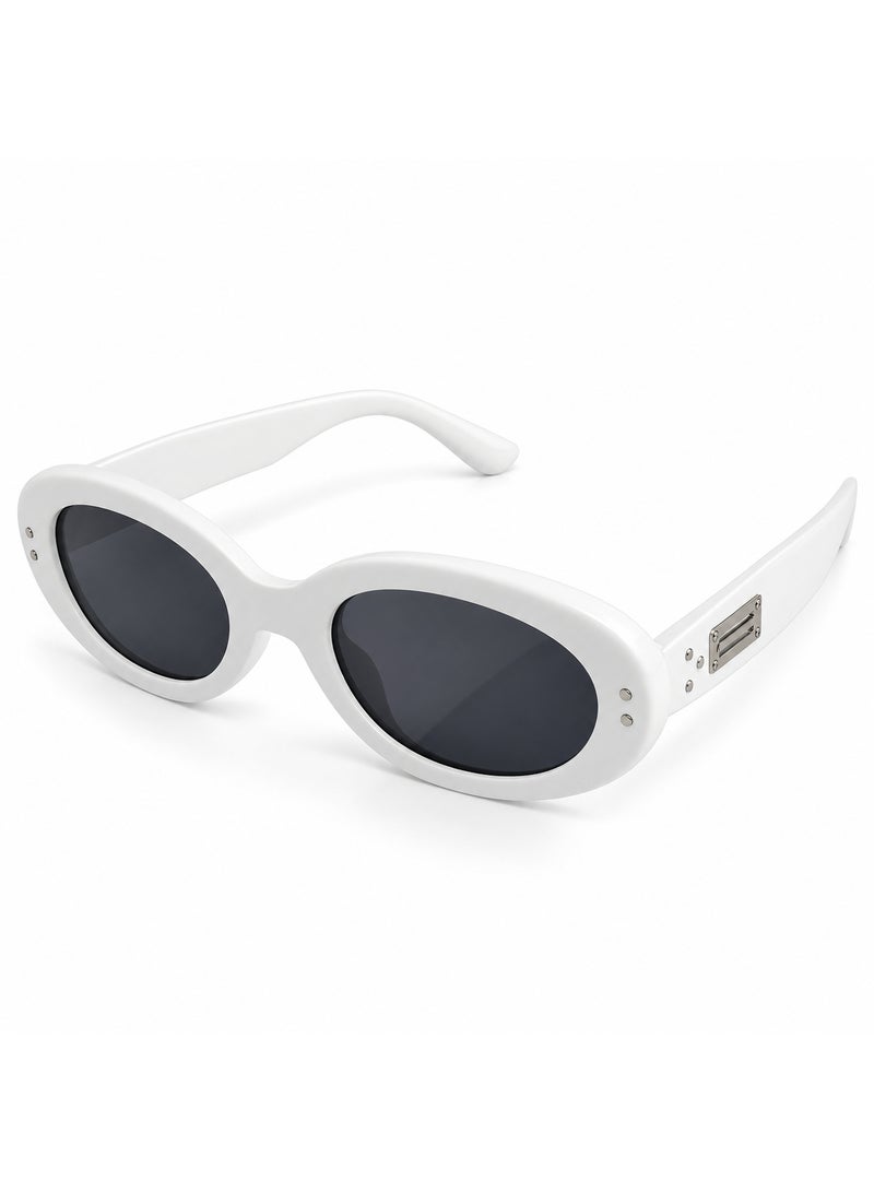 Retro Oval Sunglasses with Glossy White Frame and Dark Smoke Lenses - Image 1