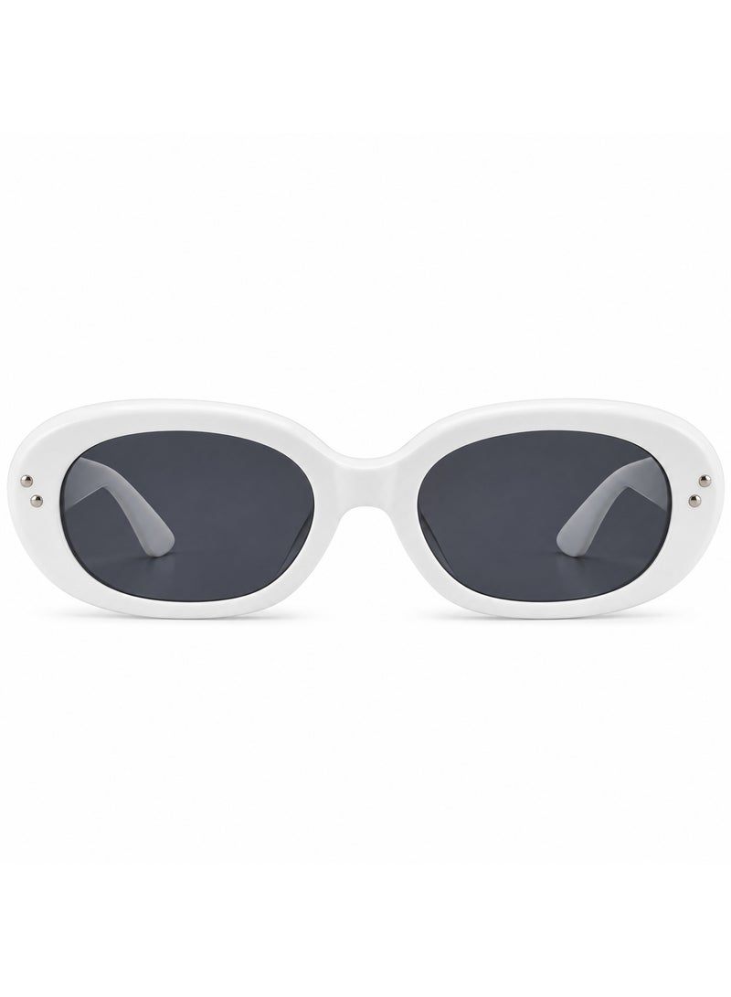 Retro Oval Sunglasses with Glossy White Frame and Dark Smoke Lenses - Image 2