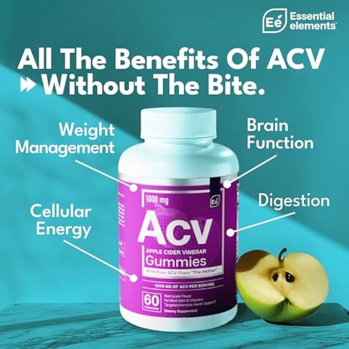 Essential Elements Apple Cider Vinegar Gummies from The Mother - Naturally-Sourced, Vegan ACV with Folic Acid and Vitamin B6 & B12 60 Count - Image 4