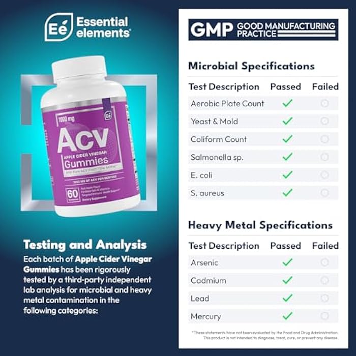 Essential Elements Apple Cider Vinegar Gummies from The Mother - Naturally-Sourced, Vegan ACV with Folic Acid and Vitamin B6 & B12 60 Count - Image 2