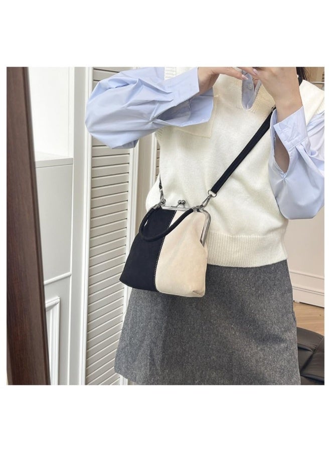 Suede Color Block Frame Handbag, Vintage Kiss Lock Top Handle Shoulder Crossbody Bag - Image 5