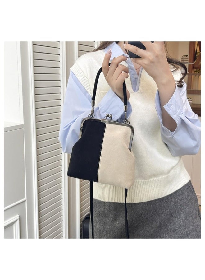Suede Color Block Frame Handbag, Vintage Kiss Lock Top Handle Shoulder Crossbody Bag - Image 4