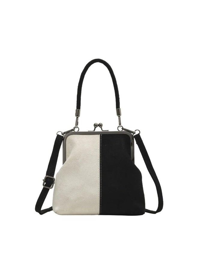 Suede Color Block Frame Handbag, Vintage Kiss Lock Top Handle Shoulder Crossbody Bag - Image 1