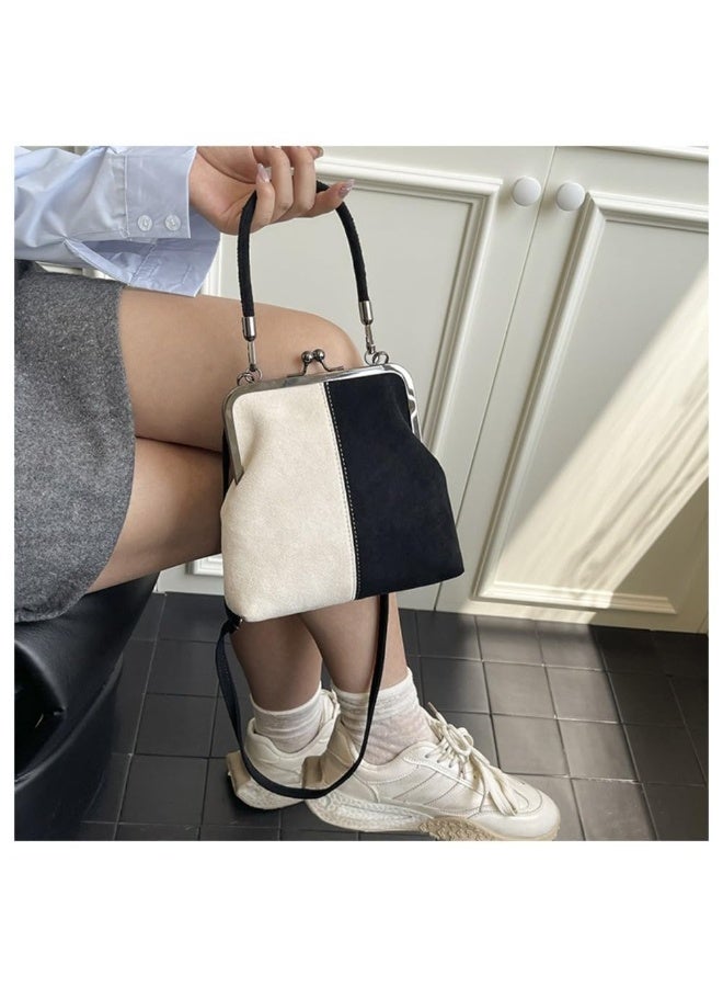 Suede Color Block Frame Handbag, Vintage Kiss Lock Top Handle Shoulder Crossbody Bag - Image 2