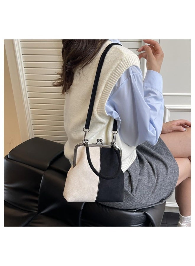 Suede Color Block Frame Handbag, Vintage Kiss Lock Top Handle Shoulder Crossbody Bag - Image 3