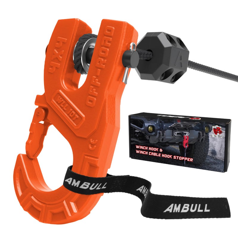 AMBULL 38 Tow Winch Hook with Cable Stopper 10T Winch Hook Upgrade Heavy Duty Forged Steel Winch Hook 31967lbs Max Strength Clevis Clip Hook Set for Synthetic Rope OffRoad Vehicle Orange