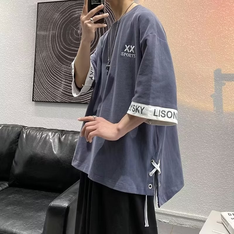 Fashionable Brand Summer New Color-Blocked Short-Sleeved T-Shirt for Men and Teenagers Trendyy Loose Three-Quarter Sleeve Ins Hip-Hop Half-Sleeved T-Shirt - Image 4