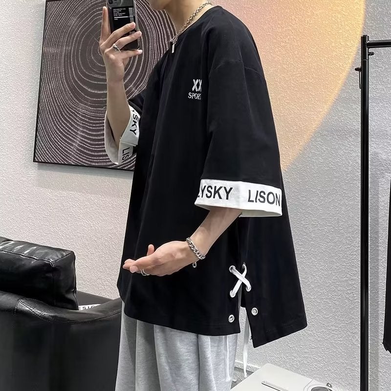 Fashionable Brand Summer New Color-Blocked Short-Sleeved T-Shirt for Men and Teenagers Trendyy Loose Three-Quarter Sleeve Ins Hip-Hop Half-Sleeved T-Shirt - Image 1