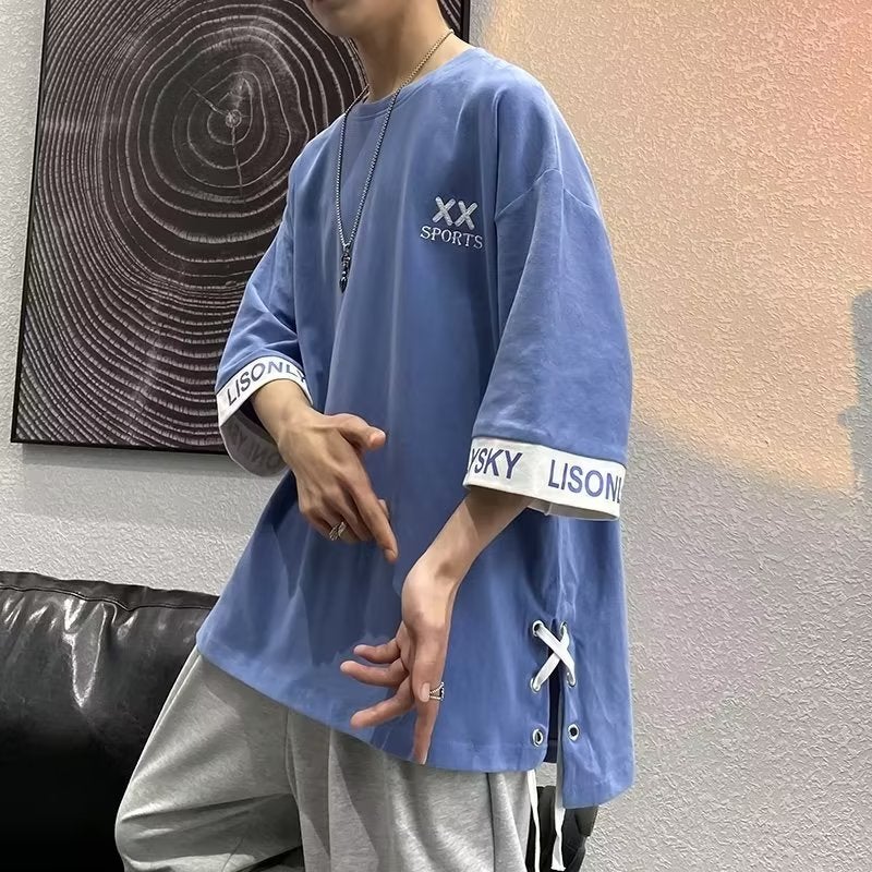 Fashionable Brand Summer New Color-Blocked Short-Sleeved T-Shirt for Men and Teenagers Trendyy Loose Three-Quarter Sleeve Ins Hip-Hop Half-Sleeved T-Shirt - Image 3