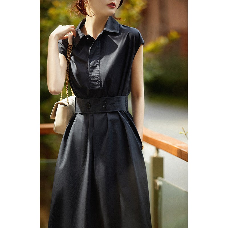 2023 Summer New Low-key Texture Artistic Style Woven Horse Cotton POLO Collar Short-sleeved Belt Slimming Dress Graphite Blue