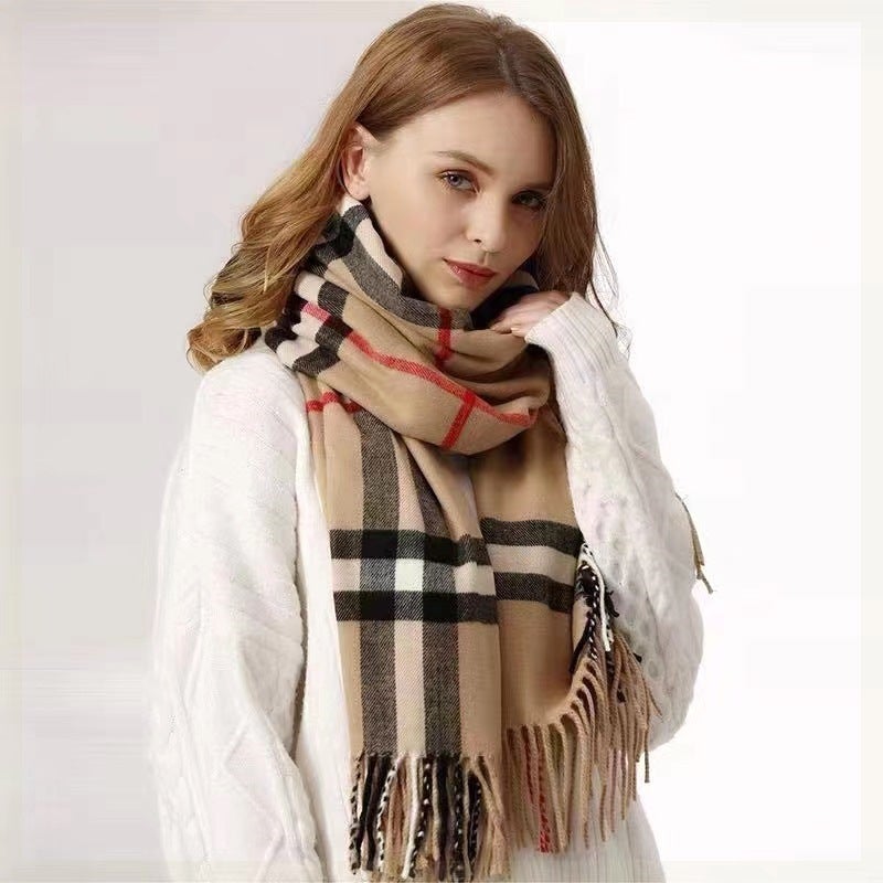 Women Winter Plaid Scarf with Tassels - Image 1