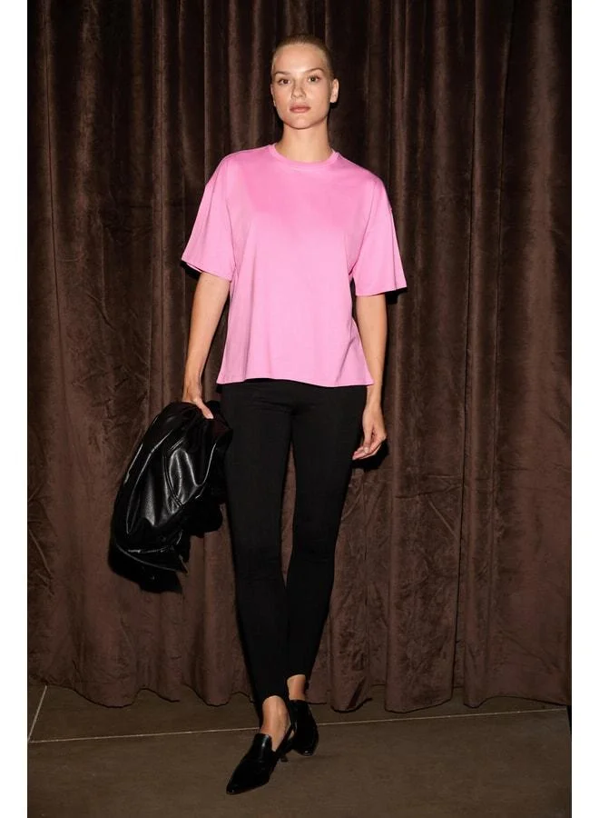 Grimelange LAGERTHA Women's 100% Organic Cotton Thick-Texture Oversized Fit Round-Neck Pink T-Shirt.