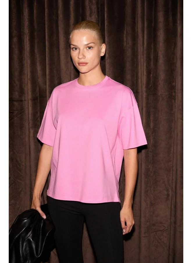 Grimelange LAGERTHA Women's 100% Organic Cotton Thick-Texture Oversized Fit Round-Neck Pink T-Shirt.