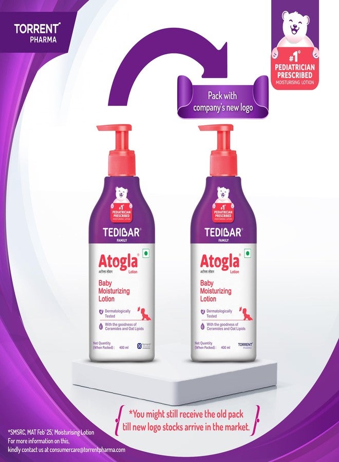 Atogla Baby Lotion 400ml from Tedibar Family with goodness of ceramides and oat lipids | No. 1* Pediatrician prescribed Moisturising Lotion- By Torrent Pharma (Pack of 2) - Image 2