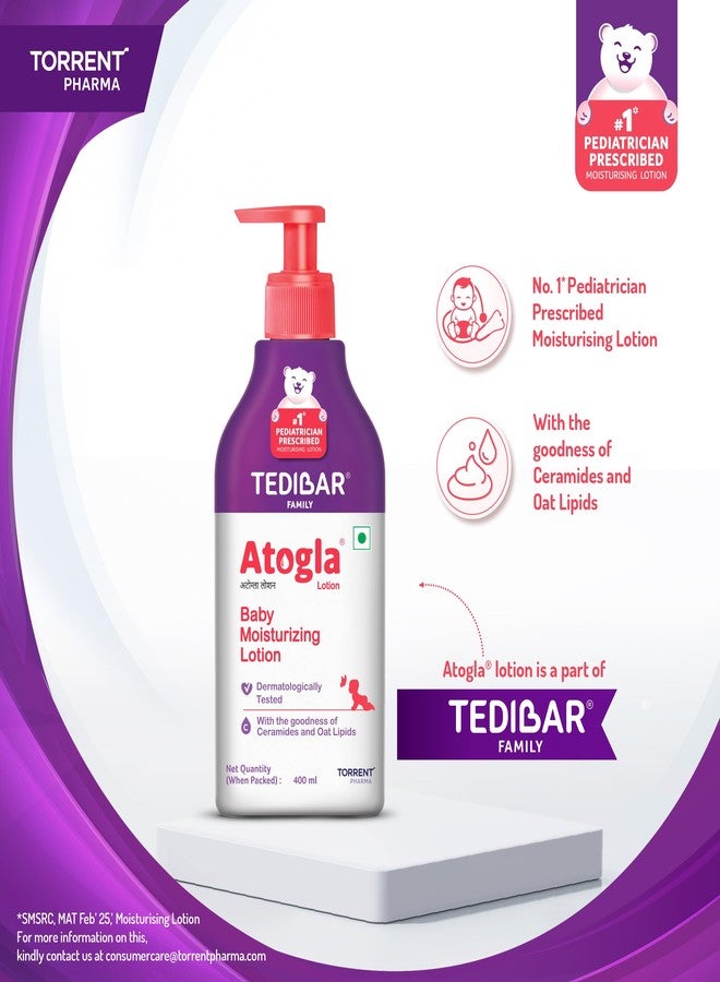 Atogla Baby Lotion 400ml from Tedibar Family with goodness of ceramides and oat lipids | No. 1* Pediatrician prescribed Moisturising Lotion- By Torrent Pharma (Pack of 2) - Image 3