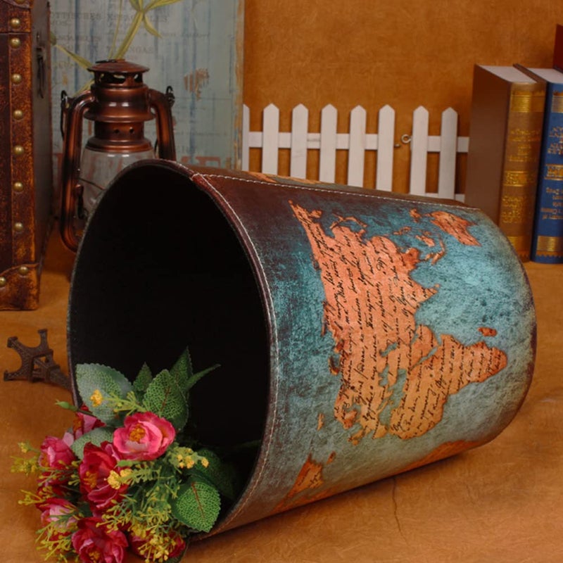 woobles Garbage Recycling Container Waste Basket Leather Trash Can England Style Office Garbage Container Bin Bedroom Paper Basket Recycling Buckets Can Household Furnishing Livingroom Trash - Image 2