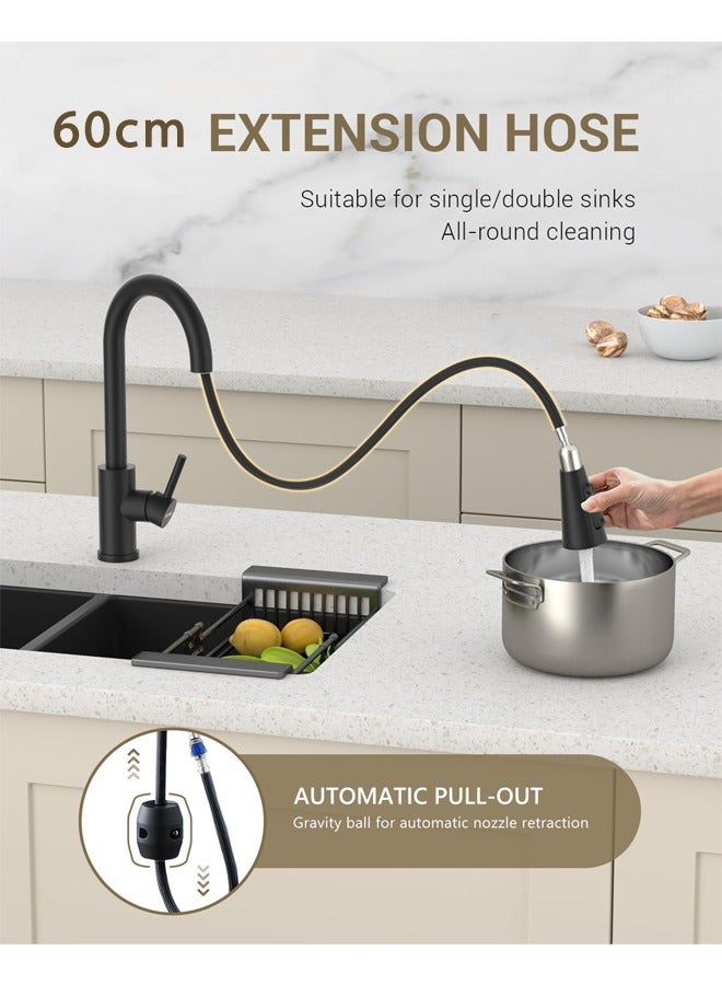 حنفية حوض المطبخ مع رذاذ سحب للأسفل 60 سم، صنبور مطبخ بوضعين للرش، خلاط حنفيات بمقبض واحد/حنفية للمطبخ، 360 قوس دوار من الفولاذ المقاوم للصدأ عالي القوس （أسود） - Image 2