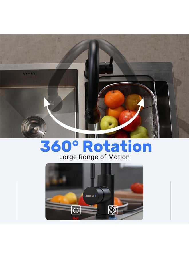 حنفية حوض المطبخ مع رذاذ سحب للأسفل 60 سم، صنبور مطبخ بوضعين للرش، خلاط حنفيات بمقبض واحد/حنفية للمطبخ، 360 قوس دوار من الفولاذ المقاوم للصدأ عالي القوس （أسود） - Image 4