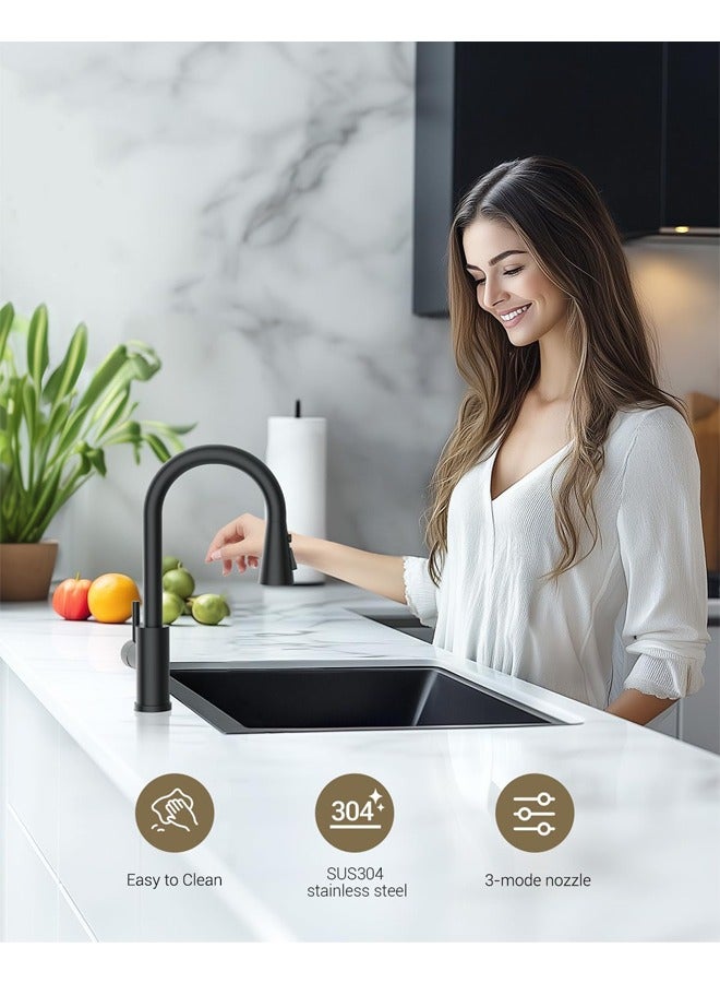 حنفية حوض المطبخ مع رذاذ سحب للأسفل 60 سم، صنبور مطبخ بوضعين للرش، خلاط حنفيات بمقبض واحد/حنفية للمطبخ، 360 قوس دوار من الفولاذ المقاوم للصدأ عالي القوس （أسود） - Image 5