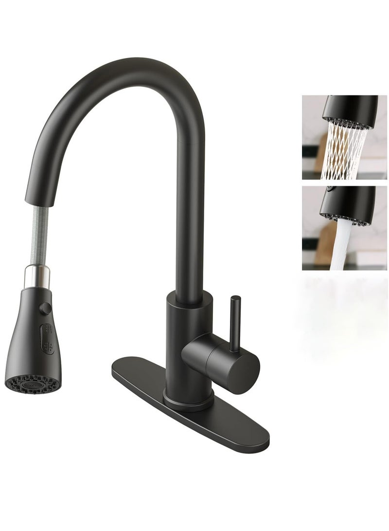 حنفية حوض المطبخ مع رذاذ سحب للأسفل 60 سم، صنبور مطبخ بوضعين للرش، خلاط حنفيات بمقبض واحد/حنفية للمطبخ، 360 قوس دوار من الفولاذ المقاوم للصدأ عالي القوس （أسود） - Image 1