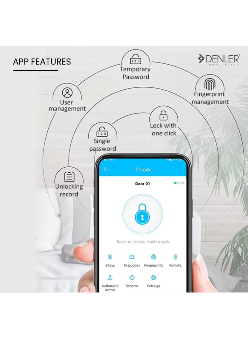Denler DB04 Automatic Bluetooth Smart Door Lock Digital Door Lock Fingerprint Lock PIN Manual Key Access min 3245mm Doors 3 Years Warranty