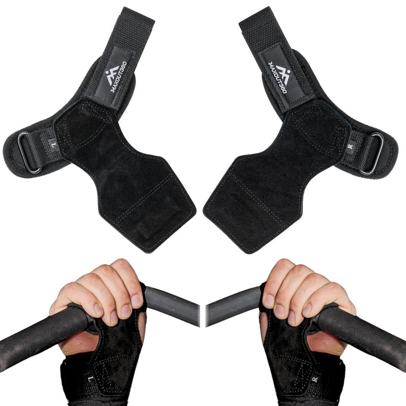 MaxOut360 Lifting Grips for Weight Lifting, Powerlifting & Weightlifting Grips with Enhanced Grip, Double Layer Leather Gym Grips for Deadlifts & Back Workouts, Black - Image 1
