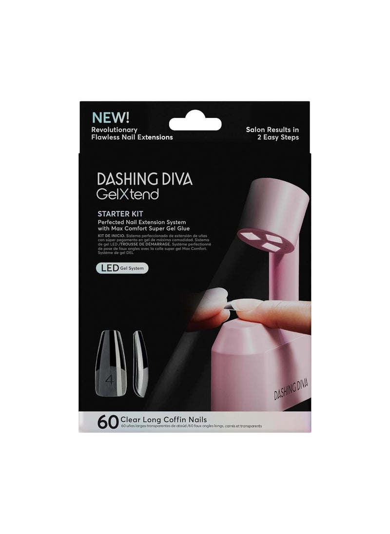DASHING DIVA Dashing Diva GelXtend Starter Kit - Clear, Long Coffin - Press On Nails with LED Lamp - Lasts Up to 14 Days - Clear, Customizable Gel Nails - No-Soak, Easy Removal - Gel Nail Tips 