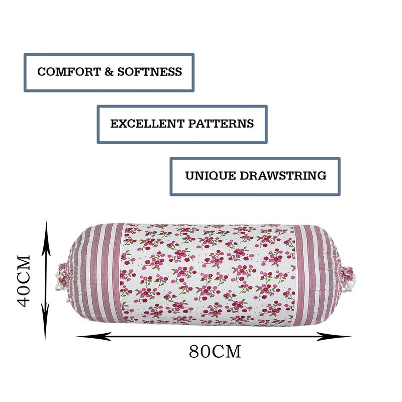 Kuber Industries Kuber Industries Bolster Covers Cotton Bolster Cover Set Diwan Bolster Cover Set Pink Flower Masand Cover 16x32 Inch Pack of 2 White - Image 3